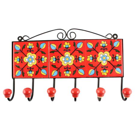 Red Floral Ceramic Tile Hook